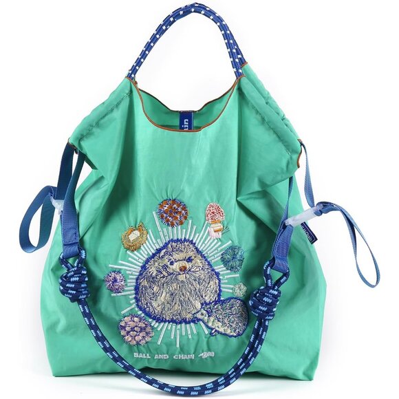 Blue Nylon Embroidered Large Capacity Tote Crossbody Shopping Beach Travel Bag - Picture 1 of 7